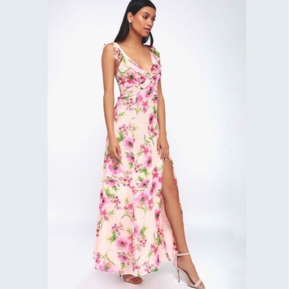 Lulu's Pink Feeling Fleur-ty Floral Chiffon Ruffle Maxi Dress - Picture 1 of 7